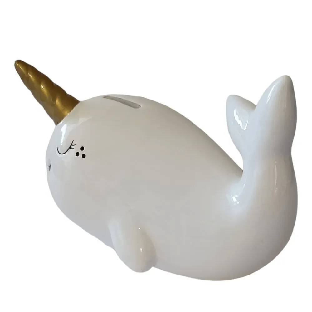 Target‎ Narwhal Bank Ceramic White Pillowfort Piggy Coin Figurine Coastal Beach.